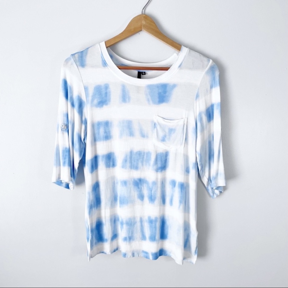 Cathy | Blue & White Striped Tie Dye Casual Tee with Pocket